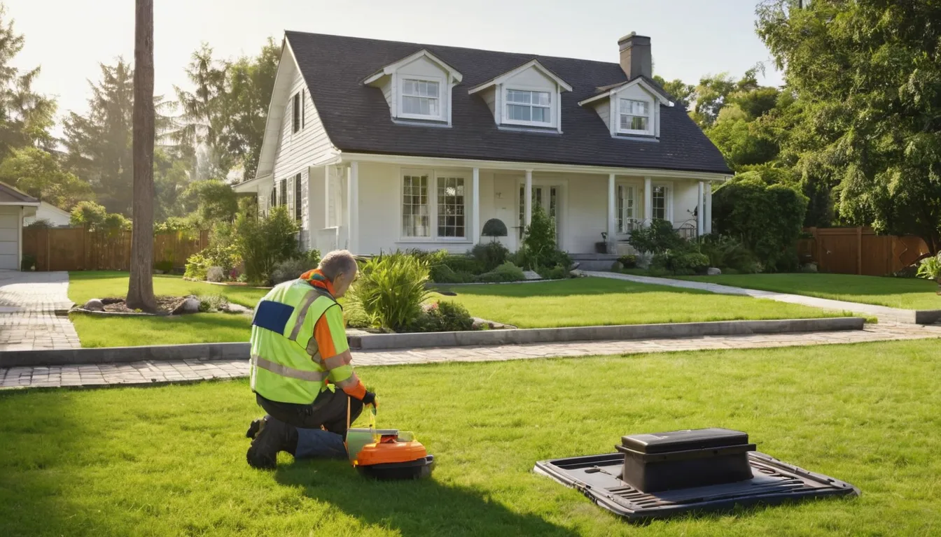 Provider checking a septic tank access lid in a backyard in Manassas Park
