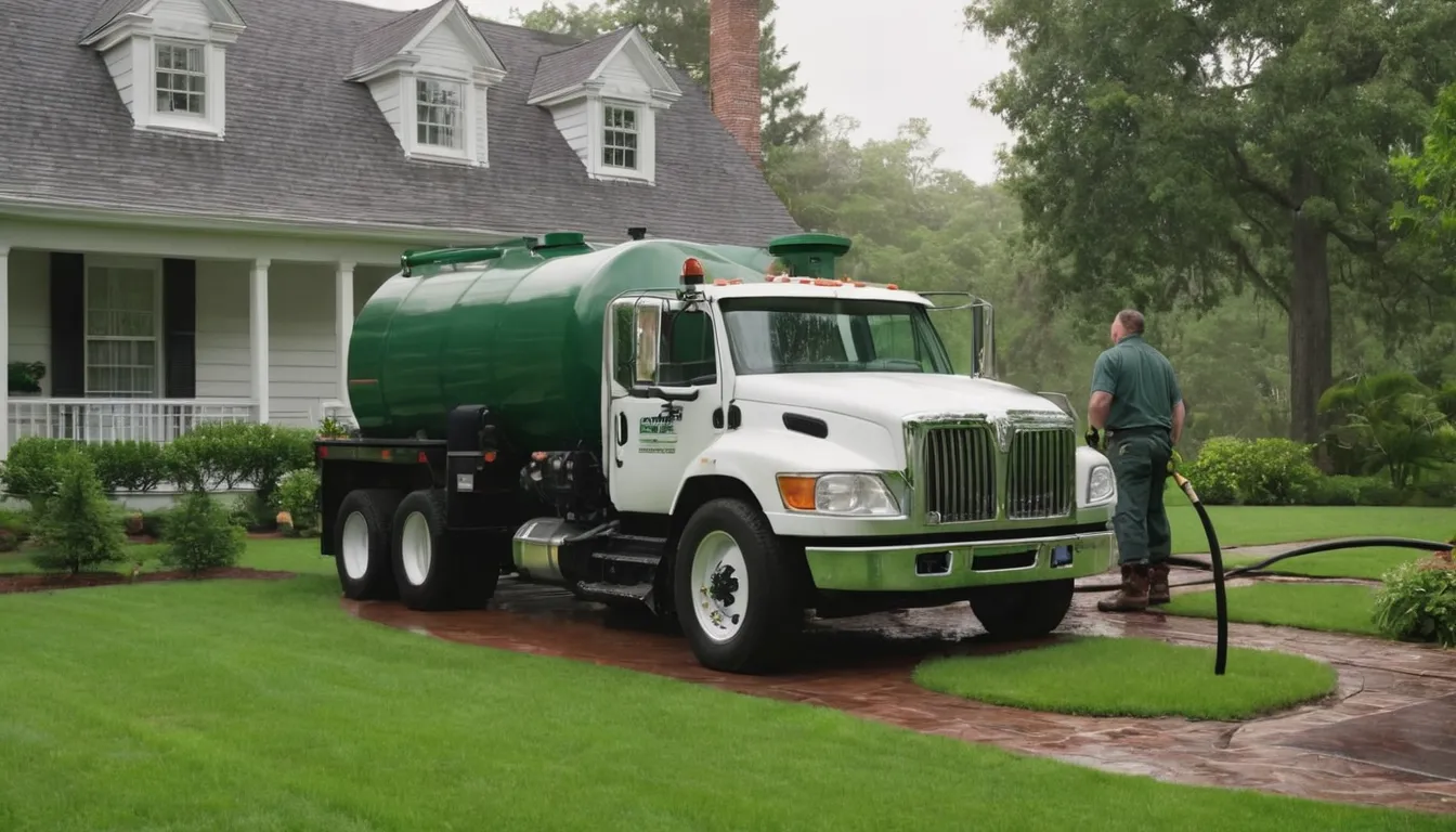 Septic pumping truck parked beside a colonial home in Manassas Park while a provider checks the tank lid