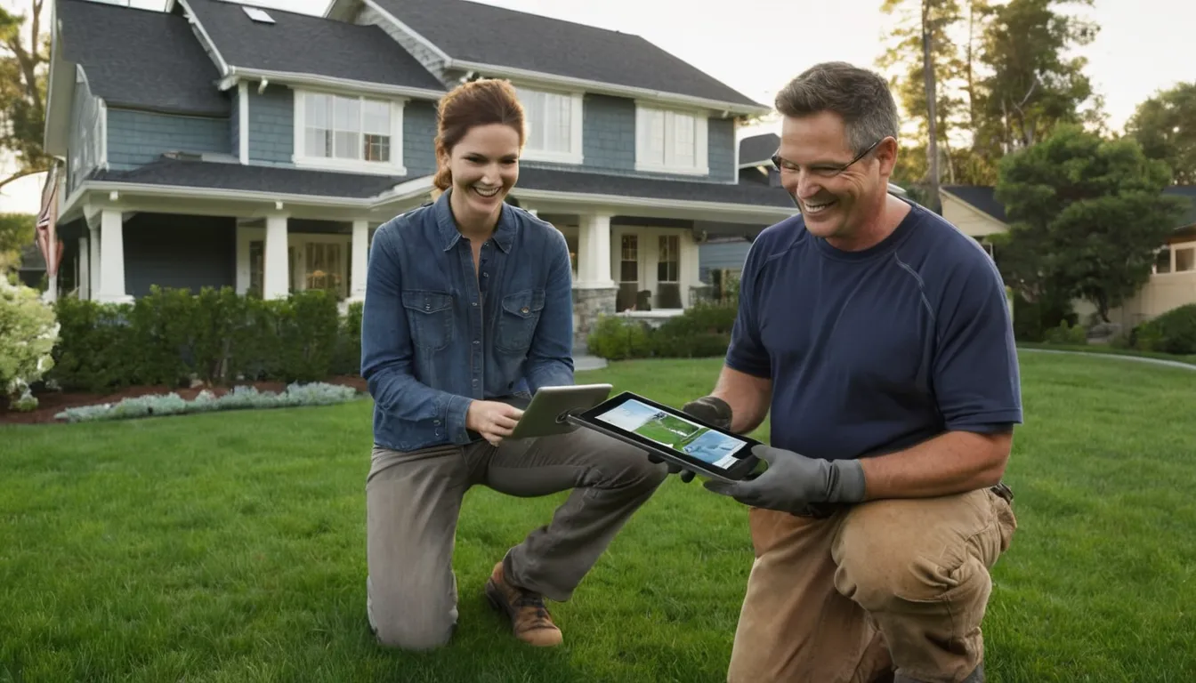 Provider and homeowner reviewing a sewer line camera inspection on a tablet in a yard in Manassas Park